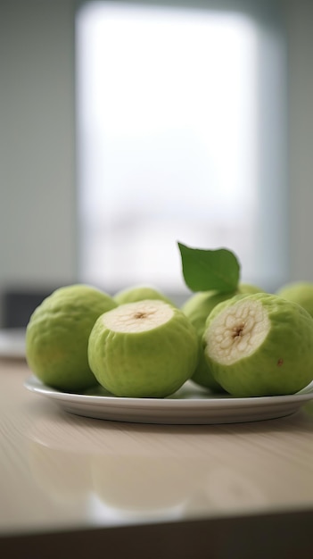 realistic Guavas in basket white background 8k hyperrealism