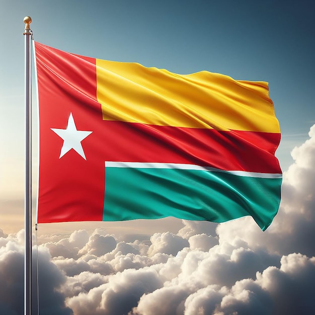 Photo realistic guineabissau flag on flag pole waving in the wind against white clouds