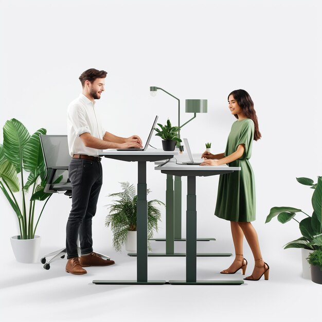 A a realistic guy and a realistic girl working happily on computer white background office work