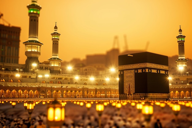 Realistic hajj background with mecca and lanterns