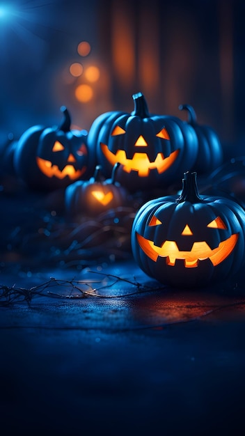 Realistic halloween background with jack o lanterns at night