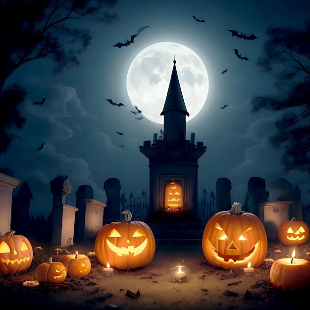 Realistic Halloween background with a scary house and pumpkins Leonardo Ai