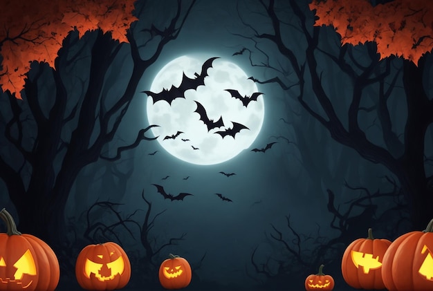 Realistic Halloween background with scary pumpkins and bats in a dark forest at night