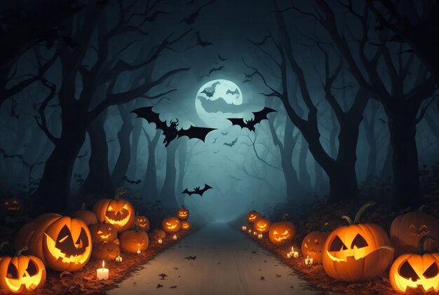 Реалистичный фон Хэллоуина со страшными тыквенными свечами и летучими мышами на темных лесных дорогах ночью