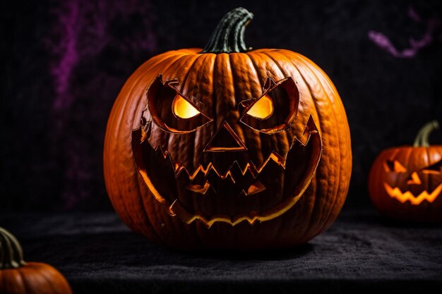 Realistic halloween carved spooky pumpkins on the table 3D rendering