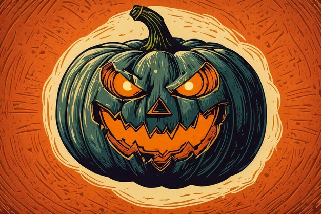 Realistic halloween carved spooky pumpkins on the table 3d rendering