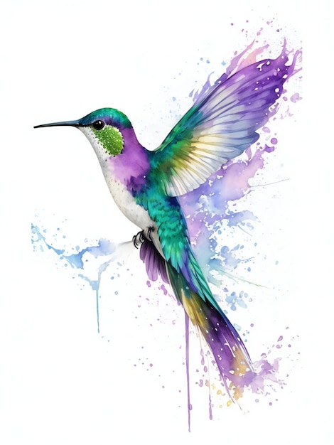 Foto acquerello realistico disegnato a mano colibrì spruzzato