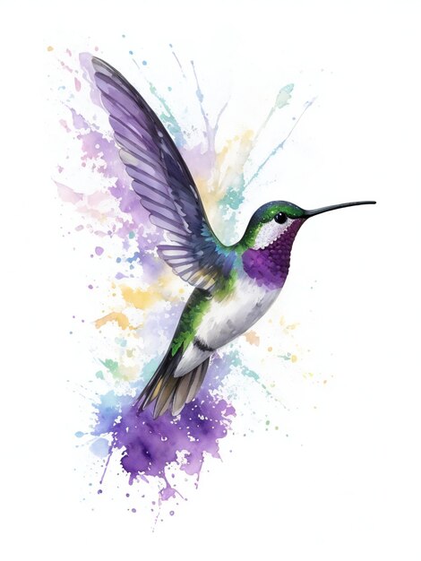 Foto acquerello realistico disegnato a mano colibrì spruzzato