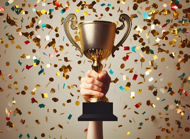 Foto mano realistica che tiene un trofeo d'oro orgoglioso premio per il risultato premio motivato concorso confetti colorati