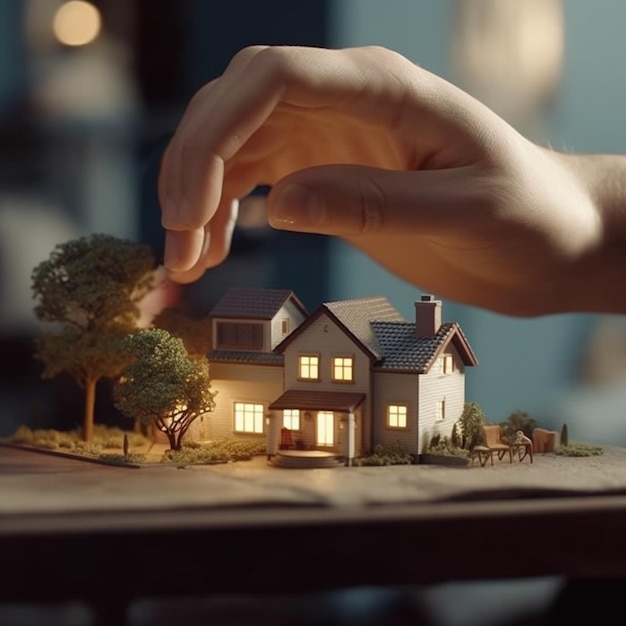 realistic Hand presenting 3d model house for home loan campaign generate with ai