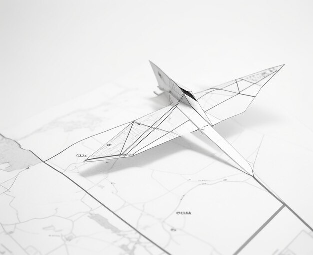 Photo realistic handdrawn paper cutout airplane with clouds