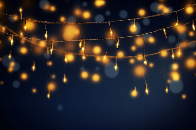 Realistic hanging Christmas lights garlands on dark blue background with effect bokeh