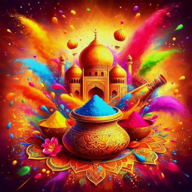 A realistic happy Holi image of splash of color powder in a holi festival