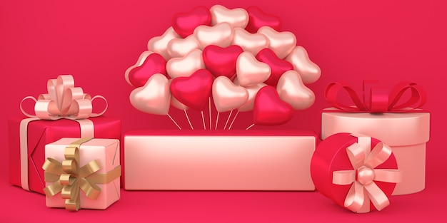 Realistic happy valentines day background with gift boxes and heart shape balloons decorations