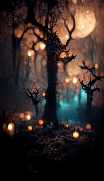 Realistic haunted forest creepy landscape at night Fantasy Halloween forest background Digital art