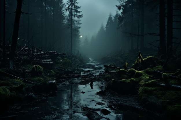 밤에 현실적인 유령이 나오는 숲 소름 끼치는 풍경 판타지 할로윈 숲 배경 초현실적인 신비한 대기 숲 디자인 배경 3D 그림