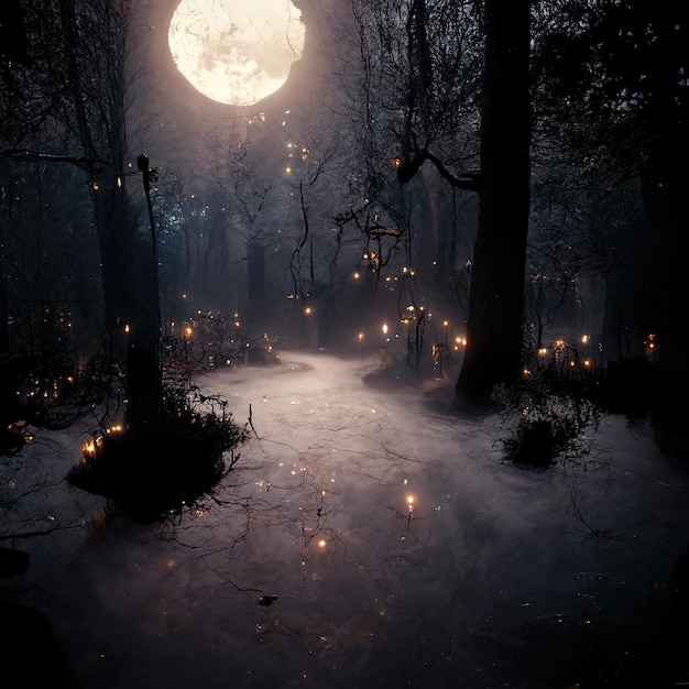 Realistic haunted forest landscape at night Fantasy Halloween forest background 3D illustration