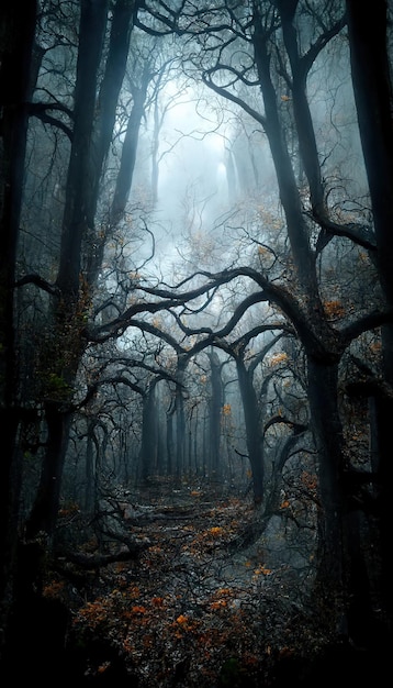 Realistic haunted forest spooky landscape at night Fantasy Halloween forest background 3D illustration