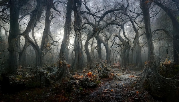 Realistic haunted forest spooky landscape at night Fantasy Halloween forest background