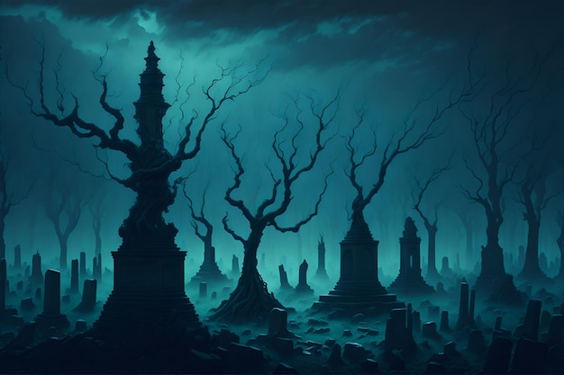 Реалистичное кладбище с привидениями, жуткий пейзаж ночью, фэнтези, Хэллоуин, лесной фон
