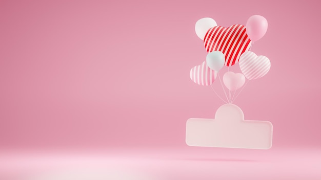 Realistic heart shaped balloons Hang it with a blank sign. . 3D illustration.