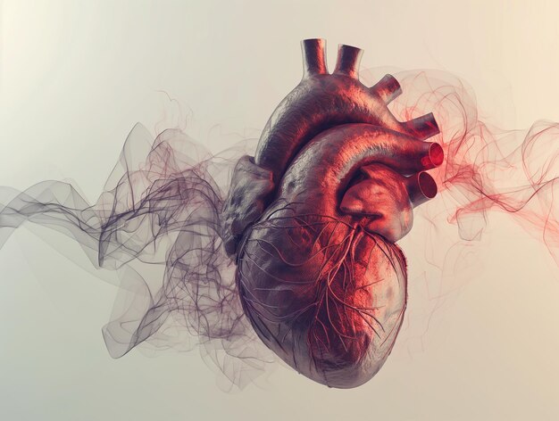 Realistic heart with smoky effects in red and grayscale on a light background