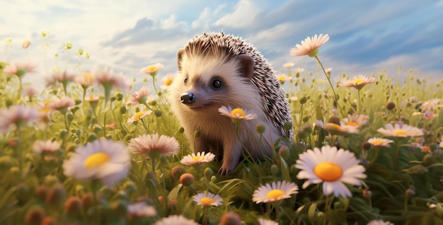 realistic hedgehog laying in a flower field hd wallpaper generated ai