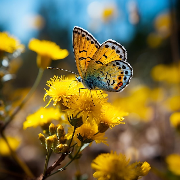 Realistic high quality selective focus shot of a beautiful butterfly perched on bright yellow flower