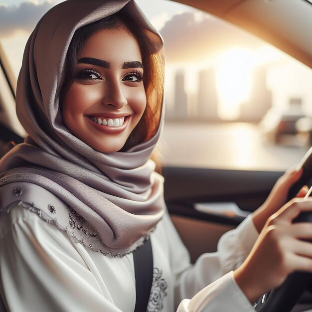 A realistic highquality cinematic image of a smiling Arab woman learning to drive on the road