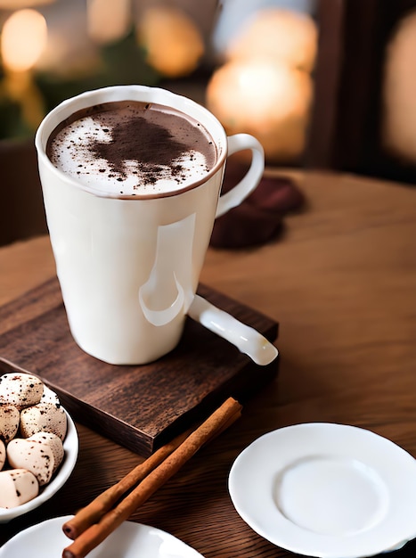 Realistic hot chocolate with neutral colors and warm lighting creates a cozy and highly detailed atmosphere in a restaurant with a medium shot Generative AI Generated