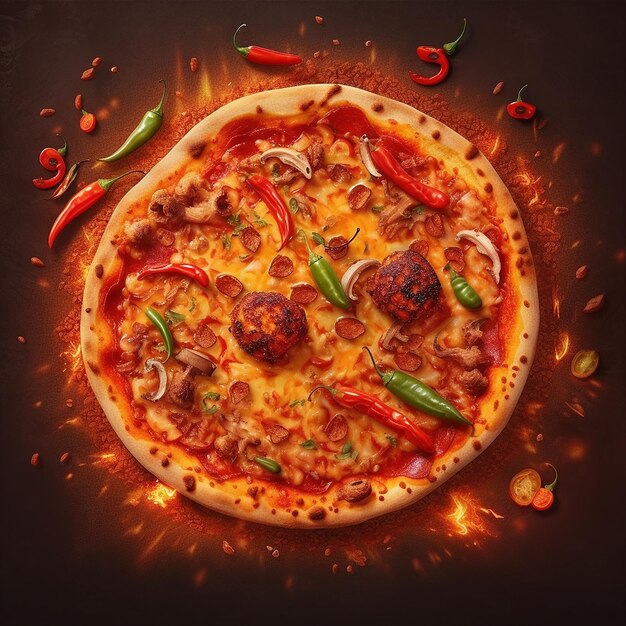 Realistic hot and spicy delicious pizza illustration with chili Generative AI