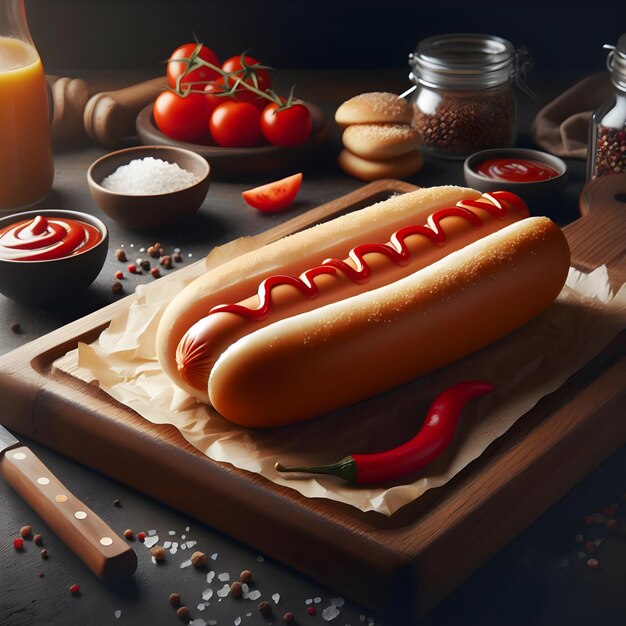 realistic hotdog in dark kitchen