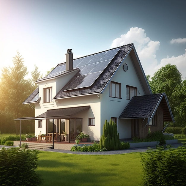 Realistic House Building Design with Solar Panel Roof A Vision of a Clean and Efficient Future