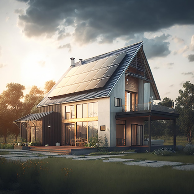 Реалистичный дизайн дома с крышей из солнечных панелей Видение чистого и эффективного будущего