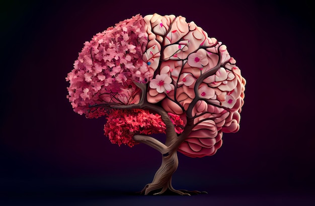 A realistic human brain merged with a vibrant cherry blossom tree representing the concept of selfcare and mental cognitive health Generative Ai