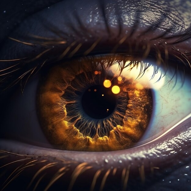 Realistic human eye with reflection of galaxy golden iris Ai generated