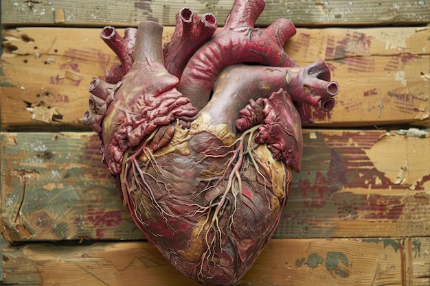 Realistic Human Heart Model on Wooden Background for Medical Education