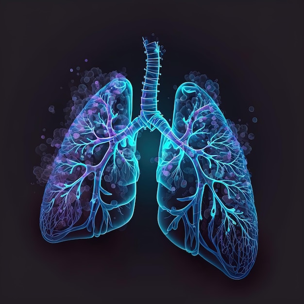 写真 呼吸薬と製品設計のための青い煙のモックアップで破損した現実的な人間の肺の解剖学