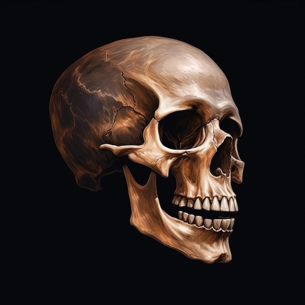 Realistic Human Skull On Black Background With Metallic Finish