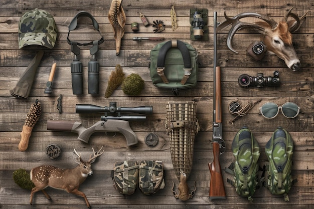 Foto impostazione di caccia realistica con attrezzature, fauna selvatica e elementi all'aperto su uno sfondo di legno robusto