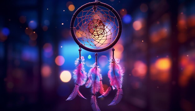 Realistic hyper realism dream catcher full landscape background micro details neon vibrant colorful