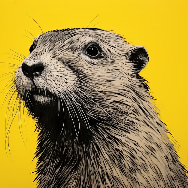 Realistic hyperdetailed beaver portrait on yellow background