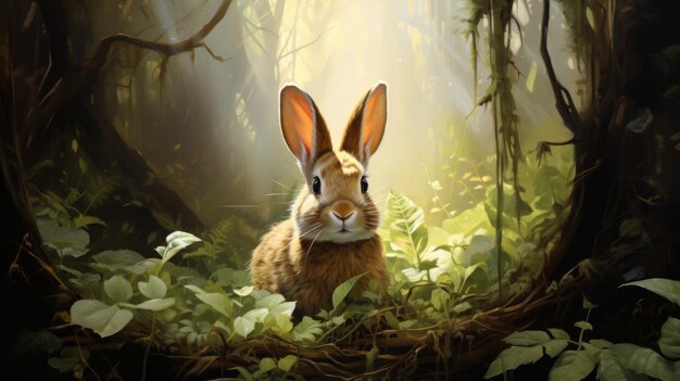 realistic hyperdetailed bunny painting in whimsical forest