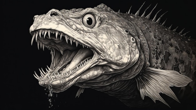 Realistic And Hyperdetailed Fish Drawing On Black Paper