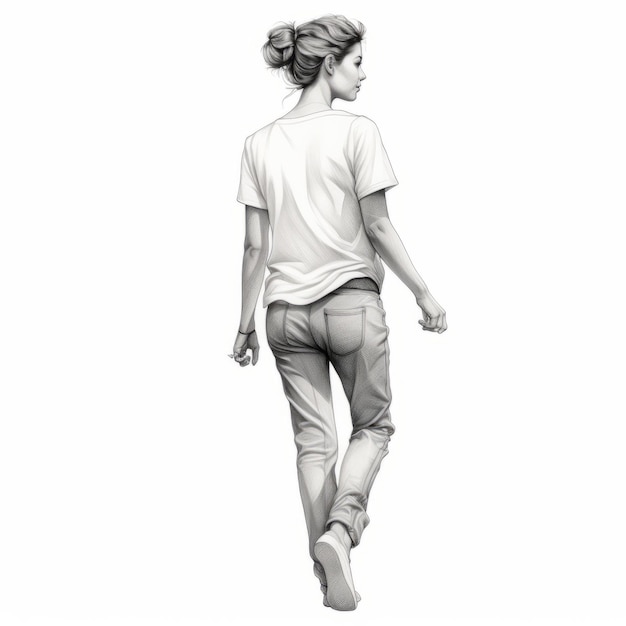 Photo realistic hyperdetailed graphite sketches of a teenage girl walking in jeans