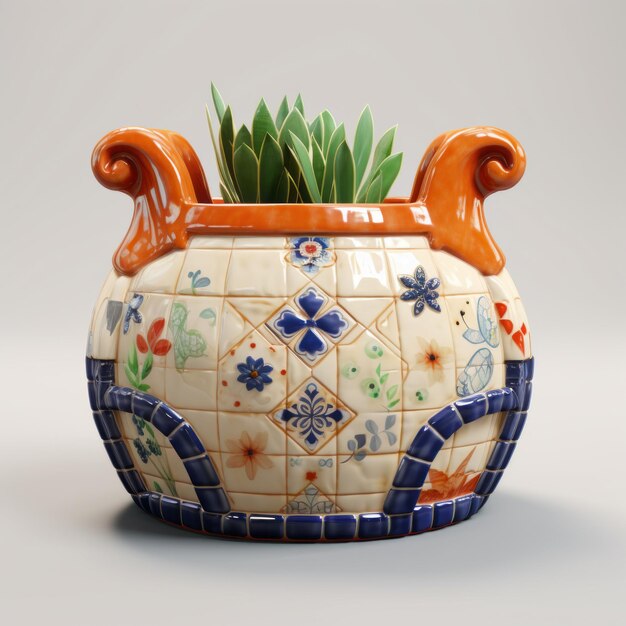 Photo realistic hyperdetailed orange and green garden pot with mexican style