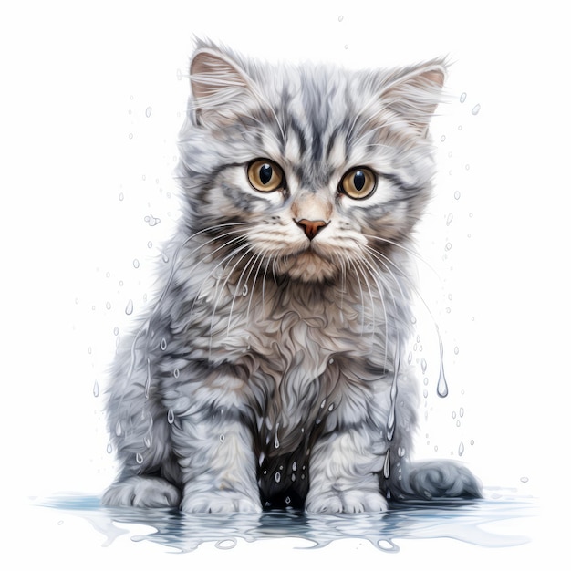 Realistic Hyperdetailed Portrait Of A Grey Kitten Splashing Water