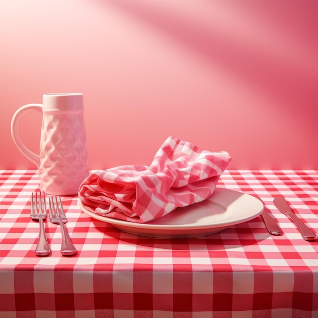 Photo realistic hyperdetailed rendering of gingham table setting