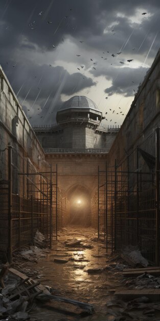 Photo realistic hyperdetailed rendering of an old prison with birds