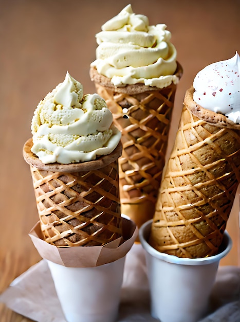 Realistic ice cream cones in a cozy restaurant with warm lighting neutral colors and a highly detailed inviting atmosphere Nobody in a long shot Generative AI Generated